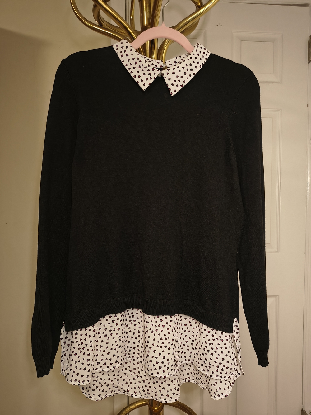 Adrianna Papell Black Knit Sweater with White Heart-Print Collar & Layered Hem M
